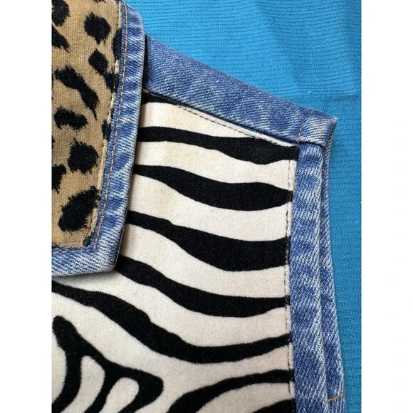 Vintage WHITTALL & SHON Denim Vest Animal Print Patchwork Leopard Zebra Size M - Picture 6 of 12